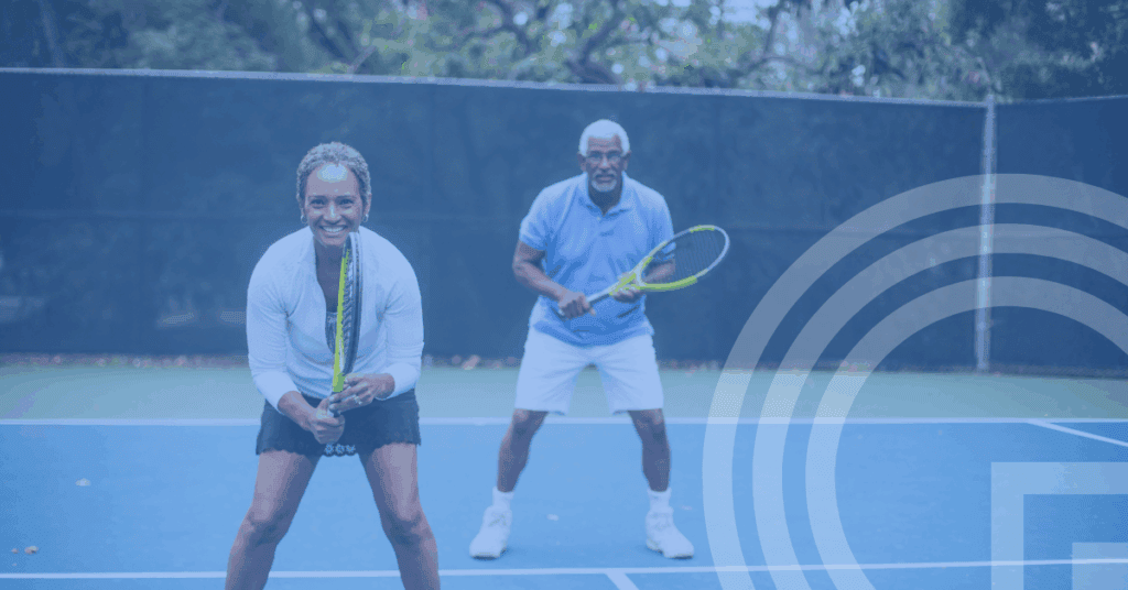 Light blue overlay on an image of an middle aged couple playing doubles tennis, awaiting the first serve. Representative of the q3 market update webinar thumbnail.
