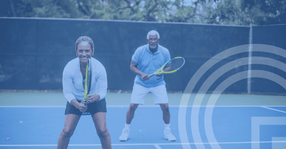 Light blue overlay on an image of an middle aged couple playing doubles tennis, awaiting the first serve. Representative of the q3 market update webinar thumbnail.