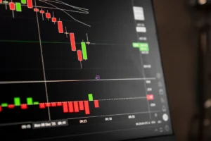 Q3 2026 quarterly perspective - a close-up of a digital screen showing stock market candlestick chart data